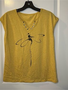 Warrior Dragonfly Graphic V-Neck Tank Top Size M Yellow Summer